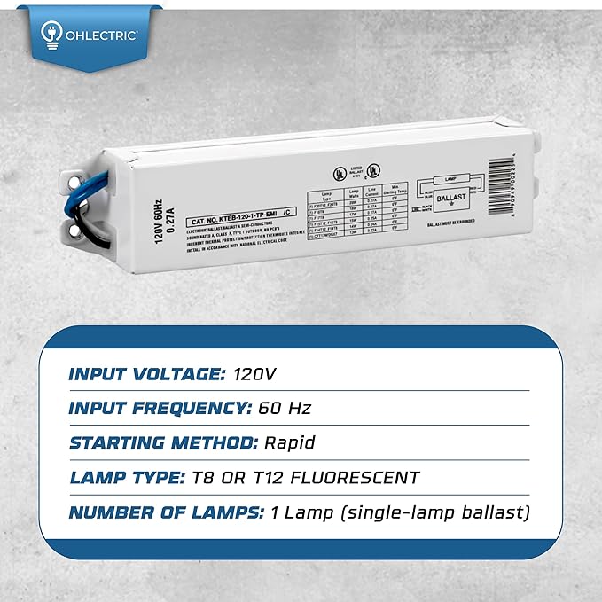OHLECTRIC Replacement for Keystone KTEB-120-1-TP-EMI 1 Lamp T12 Electronic Fluorescent Ballast | 120V Input with Instant Start Operation | 0.90 Ballast Factor, UL-Approved