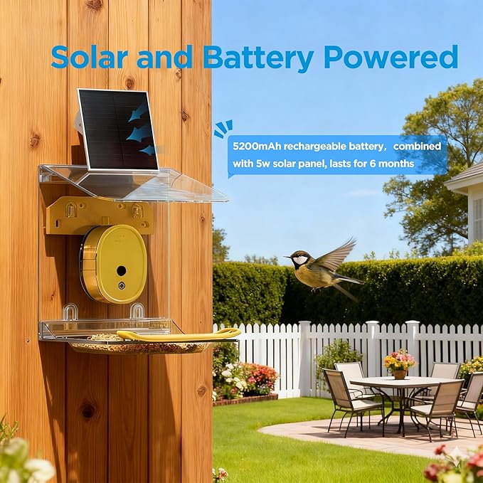 Smart Bird Feeder with Camera Solar Powered,2K UHD Video Live Stream,Easy Set Up,AI Bird Species Identification, Auto Capture Videos&5MP Photos,Instant Alerts,Gifts for Bird Lovers