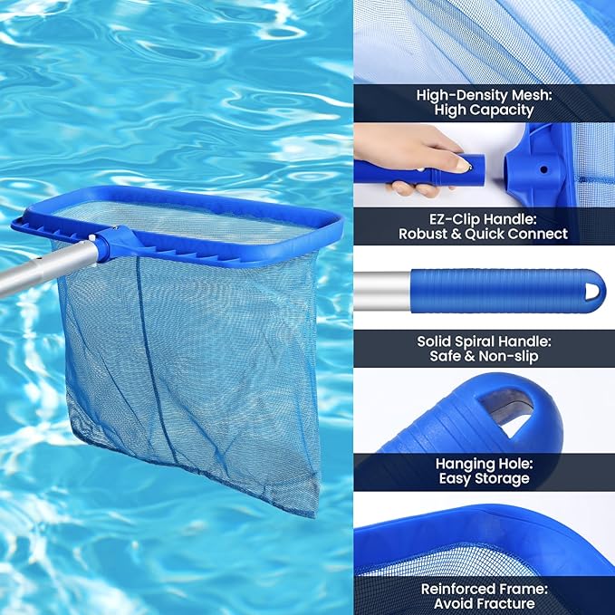 Tavaleu Swimming Fine Mesh Pool Skimmer Net with 4 Section Adjustable Telescopic Poles, 18" Professional Pool Brush (NO Pole) for Above Ground Pools, Ponds, Spas, Hot Tubs