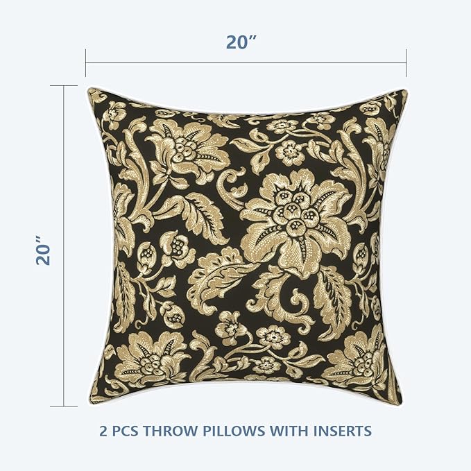 LVTXIII Outdoor Throw Pillows 20x20 Patio Waterproof Square Pillows with Piping Fade Resistant Accent Pillow for Spring Summer Garden Decoration, Set of 2, Jacobean Black