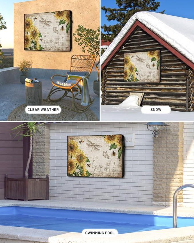 Retro Farmhouse Outdoor TV Cover Fit 40-43" Size, Weatherproof, Waterproof Oxford Cloth TV Enclosure with Sunflowers & Honey Bee Vintage Background