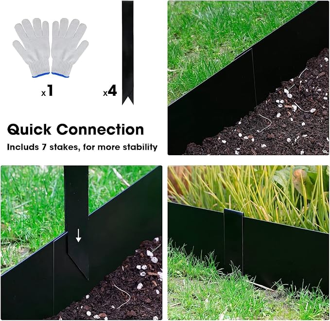Worth Garden 4-Pack 12" H. Galvanized Steel Landscape Edging w/Black Powder Coating - 40" L x 12" H Strips - Hammer-in 16-Gauge Metal Border w/ 5 Clips & Gloves - Edge for Lawn Yard (13Ft Total)