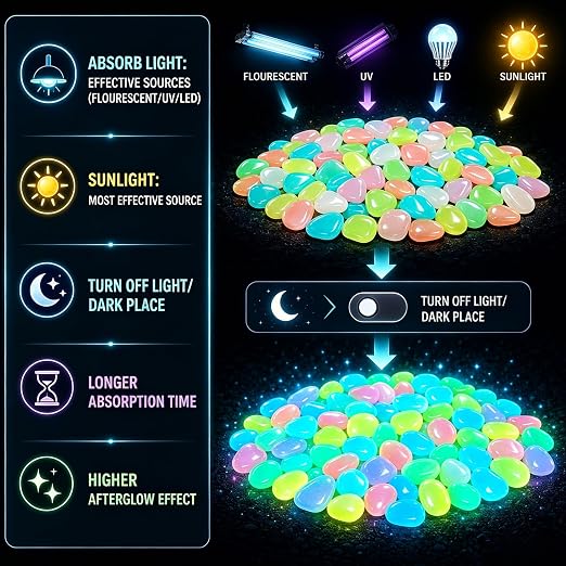 1000Pcs Glow in The Dark Stones Outdoor, Mixed Colors for Landscaping | Mixed Color,Glow in The Dark for Garden & Fish Tank,Non-Toxic Resin,Rechargeable by Sunlight