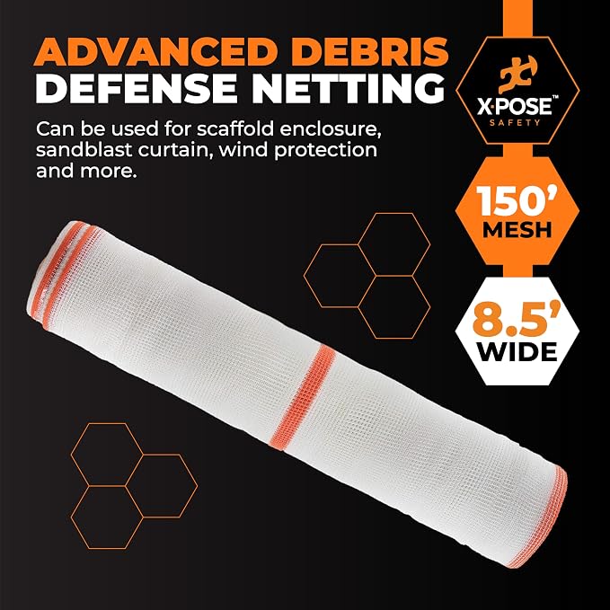 Xpose Safety Construction Safety Netting – 8.5' x 150', 1/4" Mesh Scaffold Safety Net, Temporary Material Roll, Visibility Fence, Heavy-Duty Fire Retardant, White