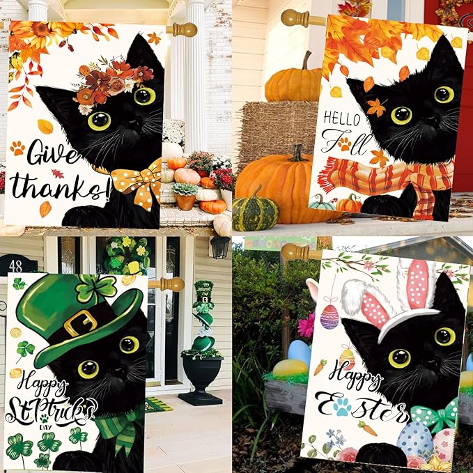 Seasonal Garden Flags Set of 11, Double Sided 28 x 40 Inchs Black Cat House Flags,Large Holiday Flags for Outside All Seasons Decor, Spring Summer Independence Day Easter Outdoor Yard Decorations