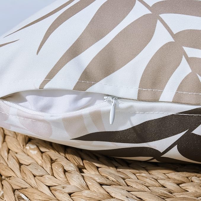 MIULEE Pack of 2 Decorative Outdoor Waterproof Throw Pillow Covers Patio Pillow Cases Natural Leaves Pattern Spring Square Cushion Shams Shell for Garden Balcony Couch 12x20 Inch, Coffee Brown