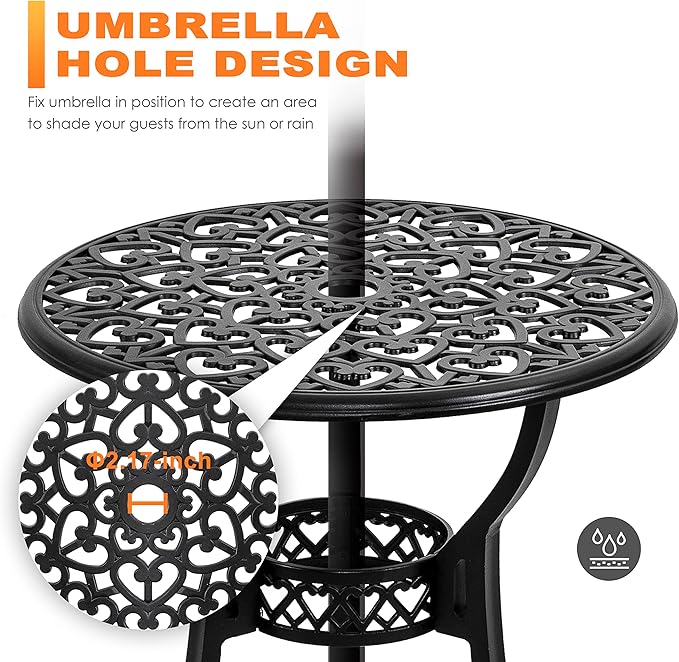 NUU GARDEN Outdoor 3 Piece Bistro Set with Cushions Round 24 Inch Cast Aluminum Table with 2.17 Inch Umbrella Hole and 2 Cast Aluminum Bistro Chairs for Patio Garden Backyard and Balcony Black