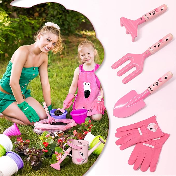 Altdorff Kids Gardening Tool Set Pink, Kid Rake and Shovel Set, 29.6'' Metal Leaf Rake, Shovel, Hoe and Mini Garden Yard Tools, Gardening Toy Gift for Kids Age 3+ Years(Pink), Develop Intelligence