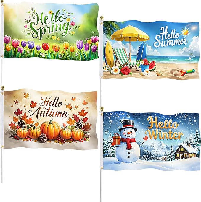 4 Pcs Garden Flag 3x5 ft Spring Summer Autumn Winter Flags – Double Sided Seasonal Banner with 2 Brass Grommets, Durable Polyester, Yard Decorations for Outdoor Parties, Photo Backdrop