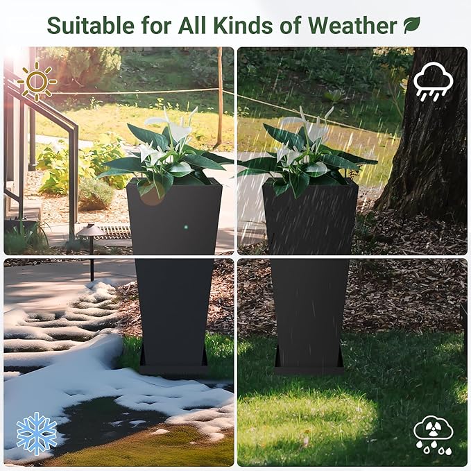 Metal Tall Outdoor Planters Set of 2, 28 inch Durable Tall Planters with Rust-Proof Coating & Drainage Insert Shelve & Trays, Black Outdoor Planters for Porch, Garden, Patio, Yard