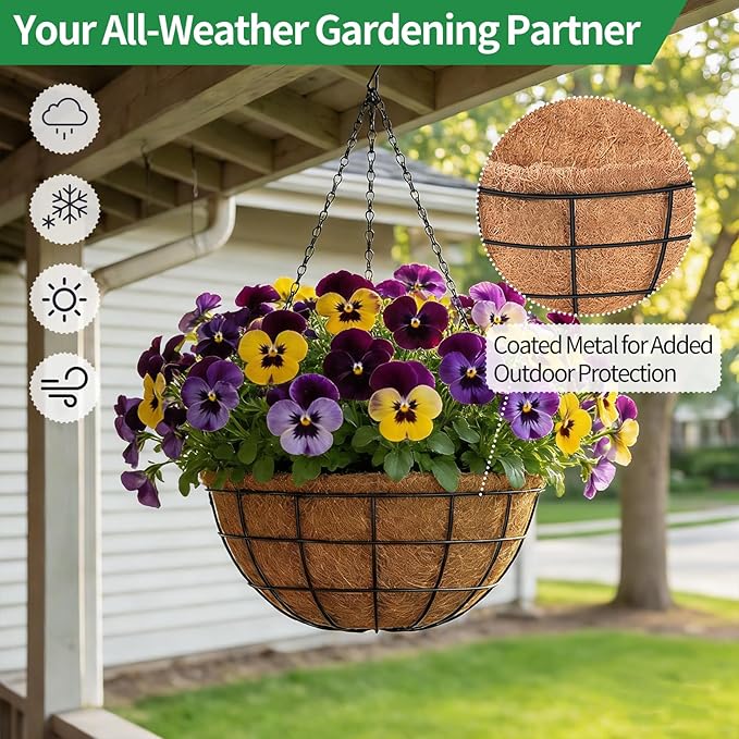 16 Inch Hanging Planters for Outdoor Plants,4 Pack Large Hanging Baskets for Plants Outdoor Metal Hanging Baskets with Thick Coco Coir Liners, Round Flower Pots for Porch Garden Ferns & Petunias