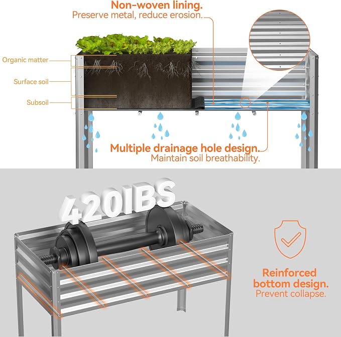 Lineware Galvanized Raised Garden Bed with Self-Watering System, Elevated Planter Boxes Outdoor with Legs and PE Cover for Vegetables and Flowers, Backyard, Patio, Balcony, 48x24x56 in