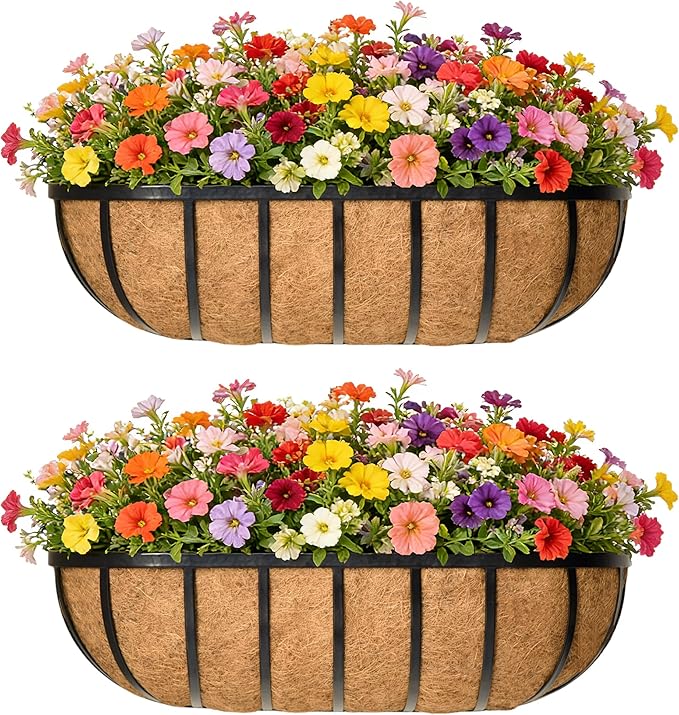 EIMQUVW 30 Inch Railing Planter Window Box Deck Balcony Rail Planter with Coco Liner Metal Wall-Mounted Coconut Liner Basket English Horse Trough for Outdoor Balcony Porch Fence Patio (2 Pack)