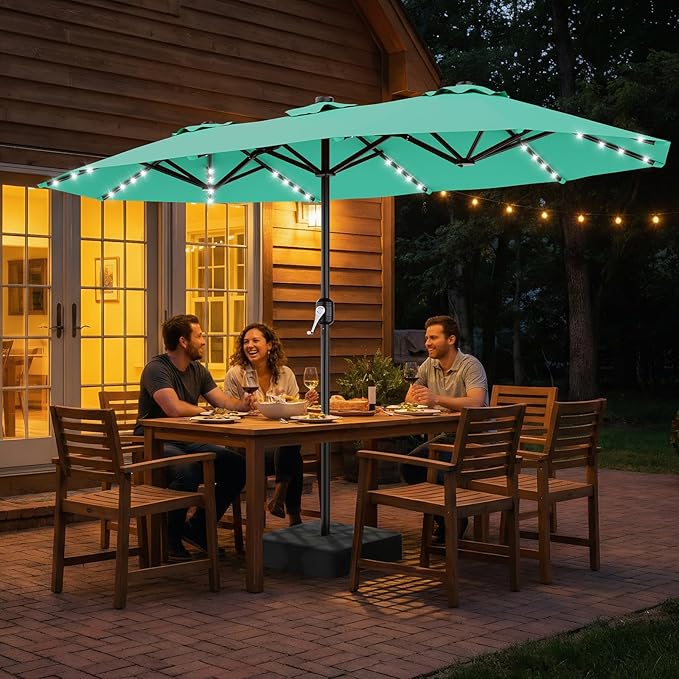 AreShark 13 FT Patio Umbrella with Solar Lights, Double-Sided Outdoor Table Umbrellas with Crank, Large Rectangular Market Umbrella for Porch, Lawn, Pool, Backyard, Cerulean