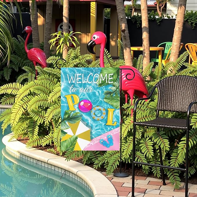 Welcome to Our Pool Garden Flag Vertical Double Sided Summer Swimming Pool Yard Flag Palm Leaf Parasol Garden Flags 12x18 Inch Holiday Party Seasonal Farmhouse Banner Outdoor Decor