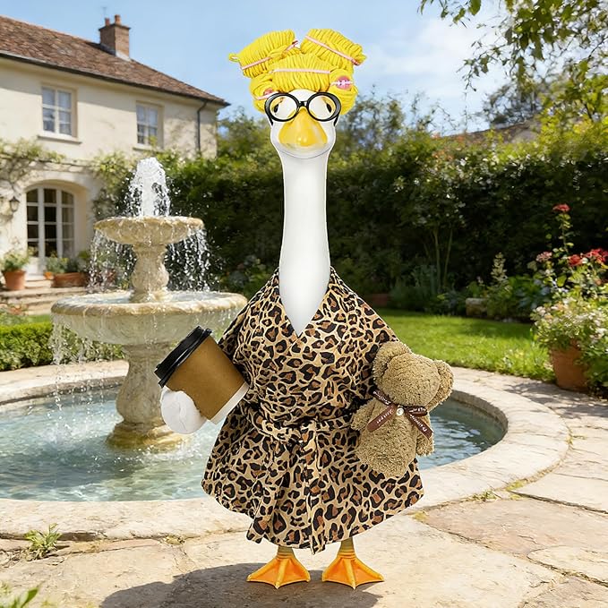 Lady Porch Goose Outfits,Bathrobe Porch Goose Statue Costume with Curlers Reading Glasses Coffee Cup Towel,Cute Goose Clothes for 23-Inch Cement Statue,Lawn Yard Garden Patio Decor（Leopard Print 01）