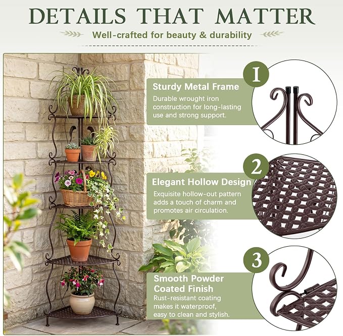Gisafai 5 Tier Outdoor Corner Plant Stand, Corner Bakers Rack, No Assembly Required Metal Corners Shelf, for Patio Garden Balcony Indoor Outdoor Decor(Rustic Brown)