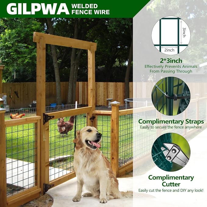 GILPWA Welded Wire Fence, 50ft(L) x 36inch(H) PVC Coated Wire Fencing for Dog, 2 Inch x 3 Inch 16GA Fencing for Chicken, Anti-Rust Roll Metal Wire Mesh Fence for Yard Vegetable, Green