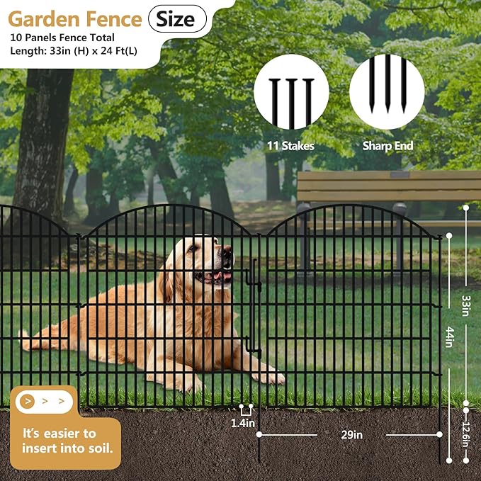 10 Panels Garden Fence Animal Barrier with Lock, 33in (H) x 24ft (L) Dog Fences Outdoor for Yard No Dig Rustproof Decorative Tall Metal Panel Border Rabbits Temporary Ground Stakes Fencing