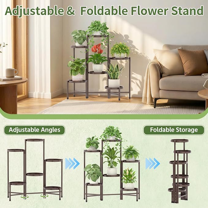 LASZOLA 6 Tier Large Plant Stand Indoor Tall with 10 Inch Metal Tray, Corner Folding Flower Display Rack, Modern Plant Holder Shelf for Outdoor Patio Porch Garden Office Living Room, Bronze