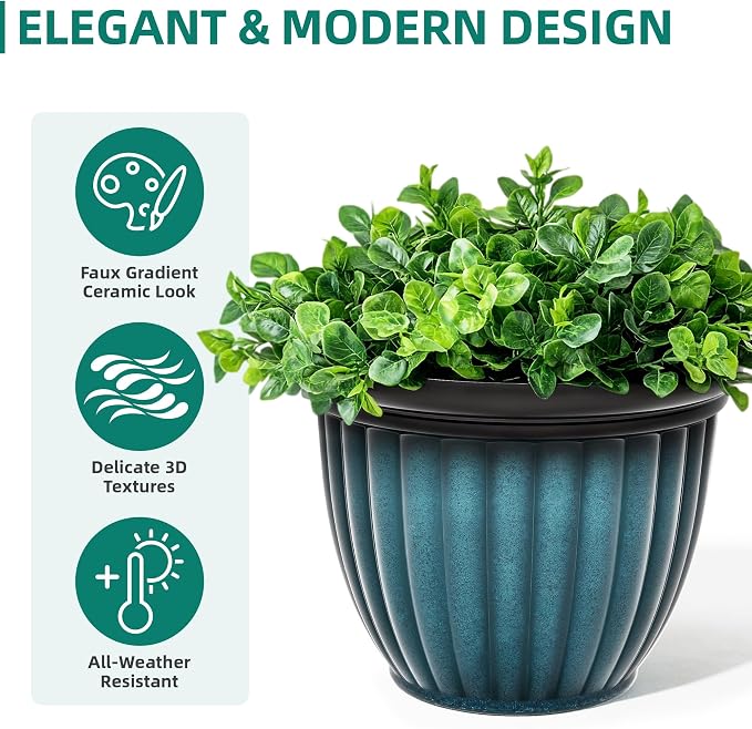 15" Large Flower Pots, Set of 2 Plastic Planters for Outdoor Indoor Plants with 3D Ribbed Textures, Drainage Holes, Weather-Resistant Planters for Porch Garden Patio, Gradient Teal Blue