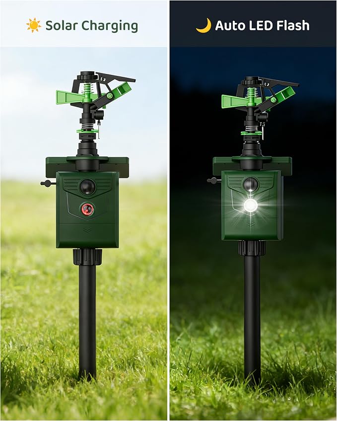 Animal Repellent Motion-Activated Water Sprinkler, Solar Powered Outdoor Animal Deterrent with Flashing Light, IP65 Waterproof for Deer, Cats, Dogs, Raccoons, Garden & Lawn Protection