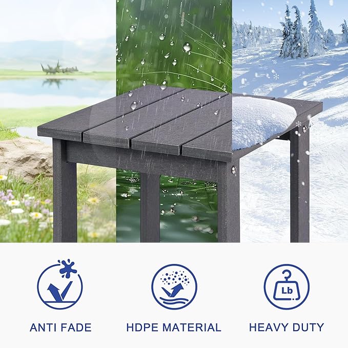 LZRS Square Patio Side Table, Heavy Duty HDPE Outdoor End Table with Wood Texture, Weatherproof Composite Table for Adirondack Chairs, Deck, Pool, Indoor/Outdoor, No Peeling or Cracking(Grey)