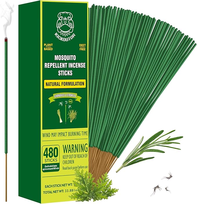 KICKOUTOR® Mosquito Incense Sticks with Citronella, 480 Count Natural Outdoor Mosquito Repellent for Patio Backyard Camping, 1-Hour Burn DEET-Free Flying Insect Bug Control | Gnat No-See-um