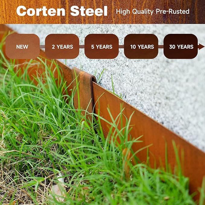 Corten Steel Landscape Edging-4.5" H X 40" L Metal Garden Edging-33FT-Landscape Lawn Edging 10 Pcs-No-Dig Hammer Heavy Duty Steel Edging-Bendable Border Strips for Lawn Yard GJWCVL-10 Clips