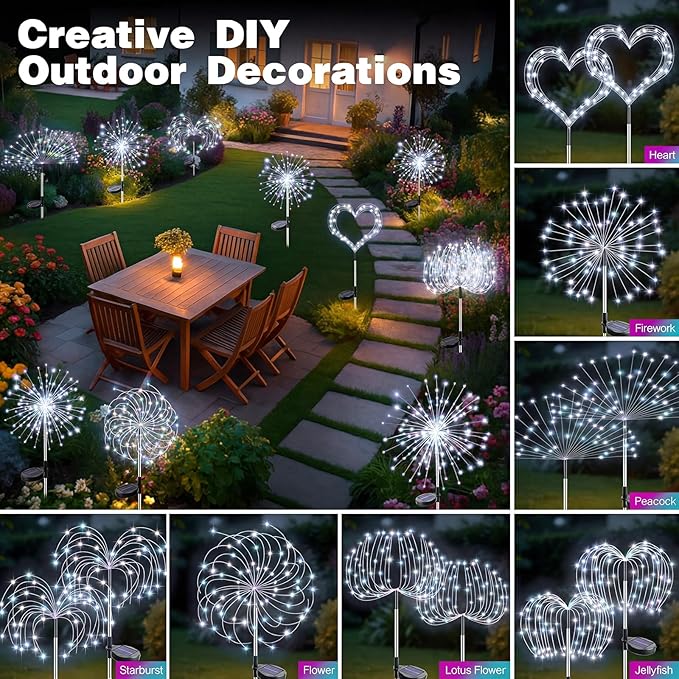 btfarm 1 Pack Solar Garden Lights Outdoor, 8 Modes Firework Lights Solar Powered, Waterproof Twinkle Fairy Light Outside for Yard Patio Pathway Pool Christmas Party Decorative, Cool White