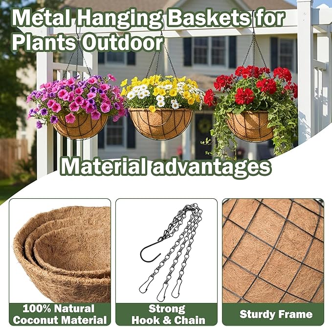 4 Pack 14 Inch Hanging Baskets for Plants Outdoor Metal Hanging Planter Basket with Coco Coir Liner Hanging Flower Baskets Hanging Flower Pots Holder for Garden, Patio(Earth)