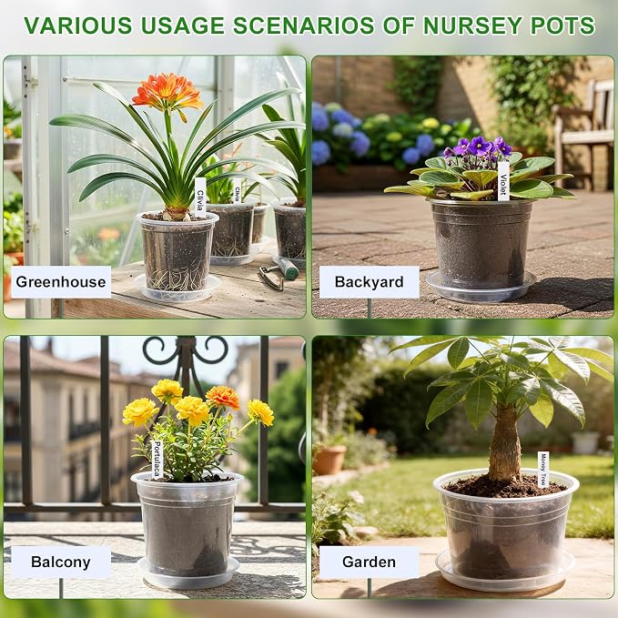 5/6/7/10 Inch Clear Nursery Pots with Drainage & Saucers 16PCS , Plant Large Pots with Labels, Seedling Tool & Hole Puncher, Plastic Nursery Pots for Succulents, Seedings, Herbs, Flowers, Vegetables