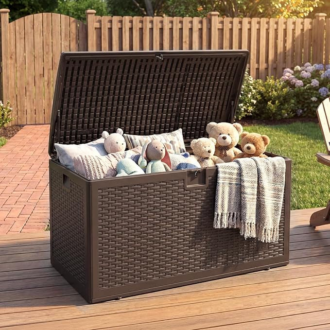 Garvee 120 Gallon Waterproof Large Resin Deck Box Indoor Outdoor, Lockable Storage Container for Patio Furniture Tools, Waterproof Deck Box with Hydraulic Rod Patio Storage Bin for Pool Garden, Brown