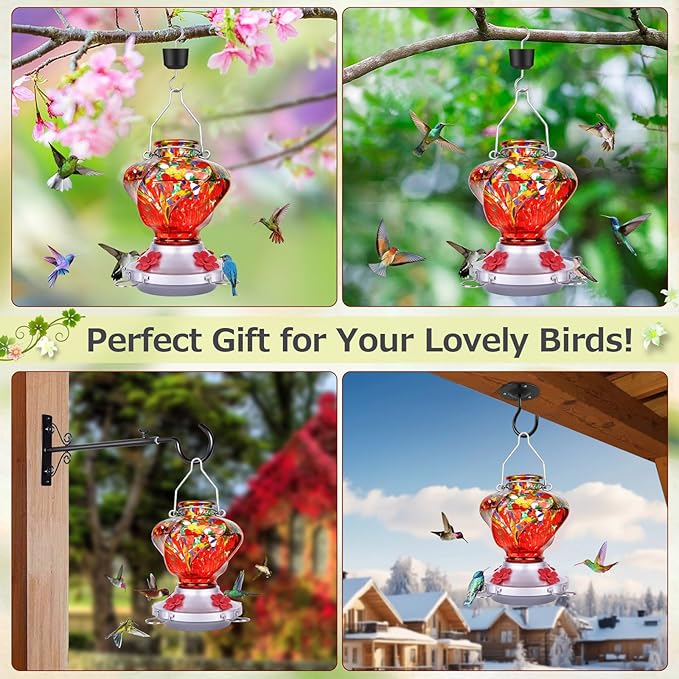Hummingbird Feeder for Outdoors with Ant Moat, Hummingbird Feeder, Hand Blown Glass, 4 Bee Guard Feeding Ports with Perch, Outdoor Garden Décor, 16OZ, Red, Gifts for Mom Wife Dad Men Women