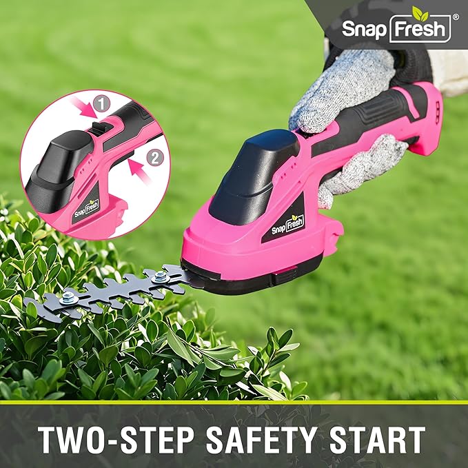 SnapFresh Cordless Hedge Trimmer & Grass Shears, 7.2V 2-in-1 Handheld Electric Bush Trimmer, Lightweight & Low-Noise, Rechargeable Lithium-Ion Battery with Type-C Cable Included (Pink)
