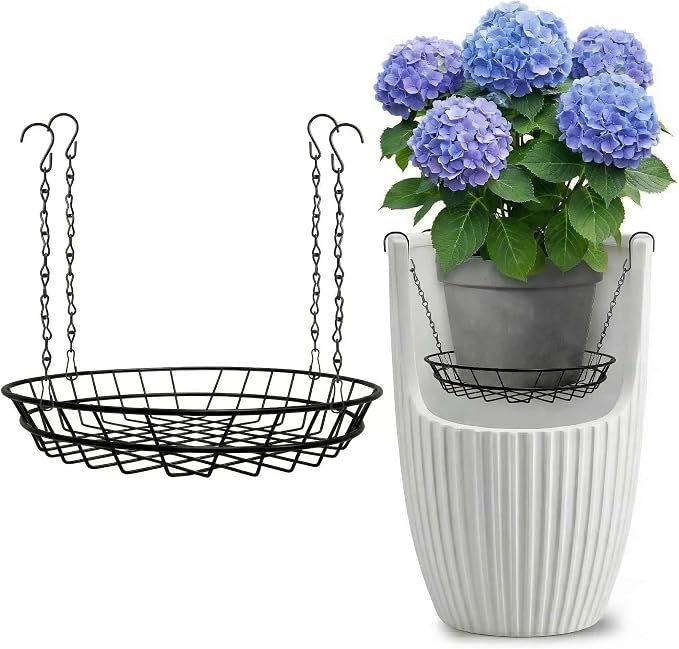 Adjustable Plant Risers for Large Tall Pots, 12-18" Planter Insert, False Bottom Pot Filler with 4 Hooks & Chains, Holds 48 lbs Rustproof Soil Saver for Indoor Outdoor Planters (1Pack, Black)