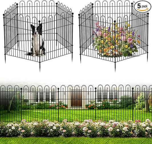 5 Panels Garden Fence Animal Barrier, 32 in (H) x11.8ft (L) Decorative Garden Fence, Rustproof Metal No Dig, Tall Garden Fencing, Dog Fence Outdoor for Yard, Patio