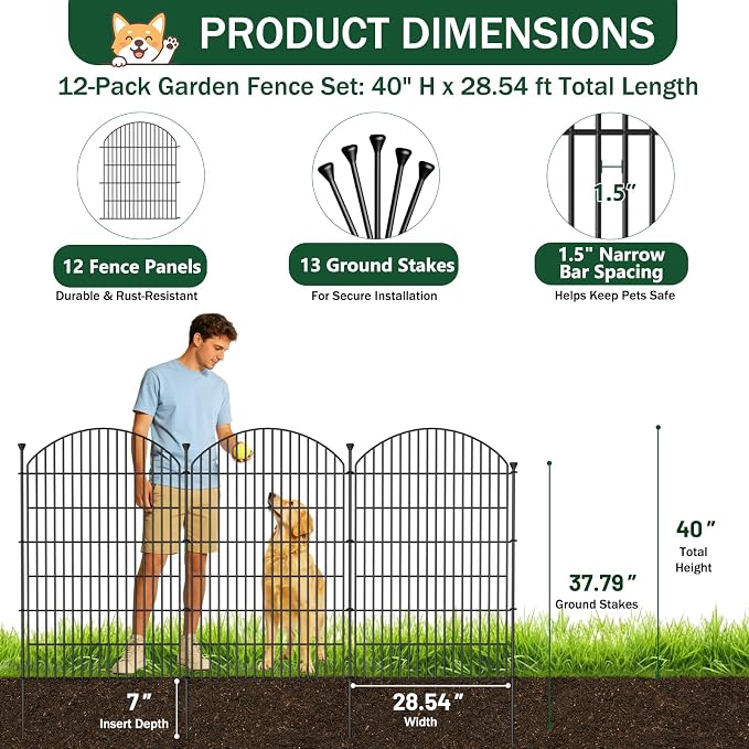 12 Pack No Dig Decorative Garden Fence Panels, 40in(H) x 29ft(L), Dog Fence Outdoor for Yard, Rustproof Metal Animal Barrier for Rabbits & Flowers, Temporary Fencing for Patio, RV