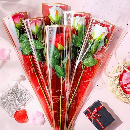 Outus Flower Bouquet Accessories 200 Pcs Single Rose Sleeves with 200 Floral Water Tubes and 200 Crystal Diamond Head Bouquet Pins for Valentine's Day Mother's Days Supplies Graduation(Red)