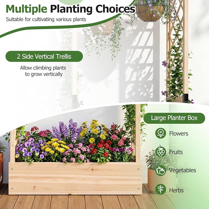 HAPPYGRILL 89" Raised Garden Bed with Trellis & Hanging Roof, Wooden Planter Box with 4 Drainage Holes, Outdoor Wood Elevated Garden Bed for Climbing Plants Vines Vegetables Flowers (Natural,1)