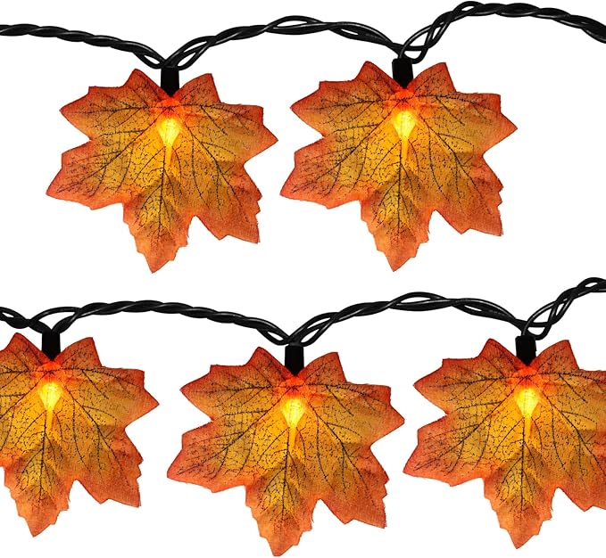 GOOTHY Fall Decor Orange Maple Leaf String Lights Plug in, 13.6Ft LED Outdoor Thanksgiving Decorations Lights with 35 Maple Leaves Light, Hanging Halloween Leaves Light for Outdoor Fall Party Window