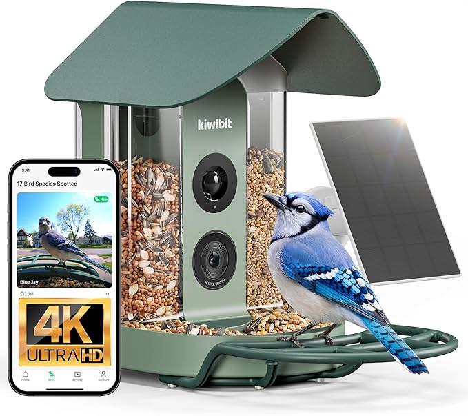 Kiwibit Smart Bird Feeder 4K AI Camera with Solar Panel for Outdoors, Bird Species Identification, 8MP Photos, 4K Video Livestream, Real-Time Bird Alerts, Birdwatching Gift for Bird Lovers, Sage Pine