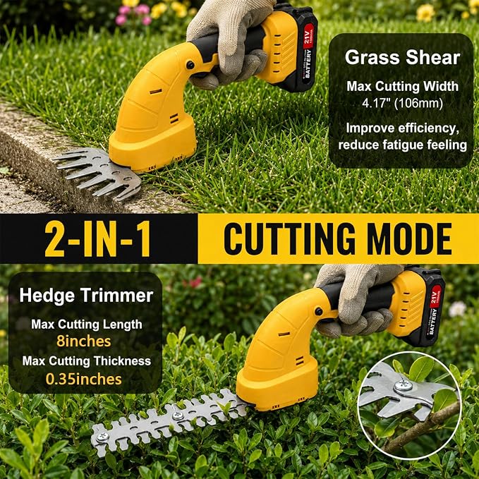 2-in-1 Cordless Hedge Trimmer & Grass Shear, 21V, Yellow | Lightweight Handheld, Small Yard Lawn Edging, Easy One-Hand Pruning for Women & Seniors, 2 Batteries & Charger