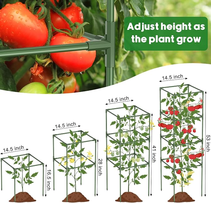 14.5" W x 53" H Tomato Cage for Garden, 3 Pack Square Tomato Trellis Plant Support Frame with 50 Pcs Plant Clips, Suitable for Climbing Vegetables, Flowers, and Fruits
