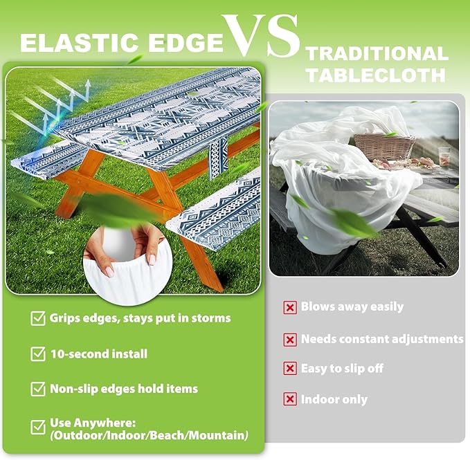 Fitted Picnic Table Cover with Bench Covers Waterproof Elastic Edges Rectangle Patio Tablecloth Outdoor Camping Essentials Stuff Rv Accessories Summer Trip Travel Camper Gifts for Woman Men, 72in 6 ft