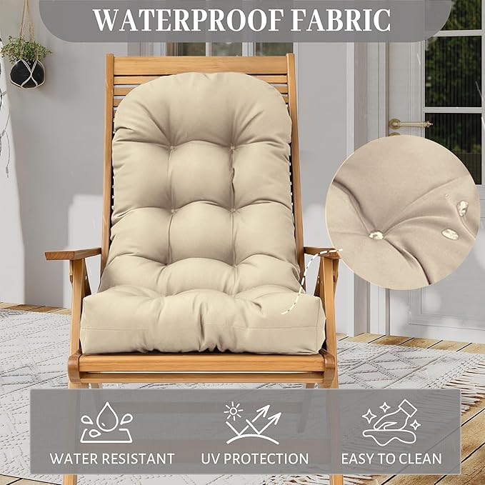 Rocking Chair Cushion Adirondack Chair Cushions with Non-Slip Ties, High Back Patio Chair Cushions,Fade-Resistant & Waterproof,Indoor/Outdoor Rocking Chair Pad for Living Room, Deck, Beige
