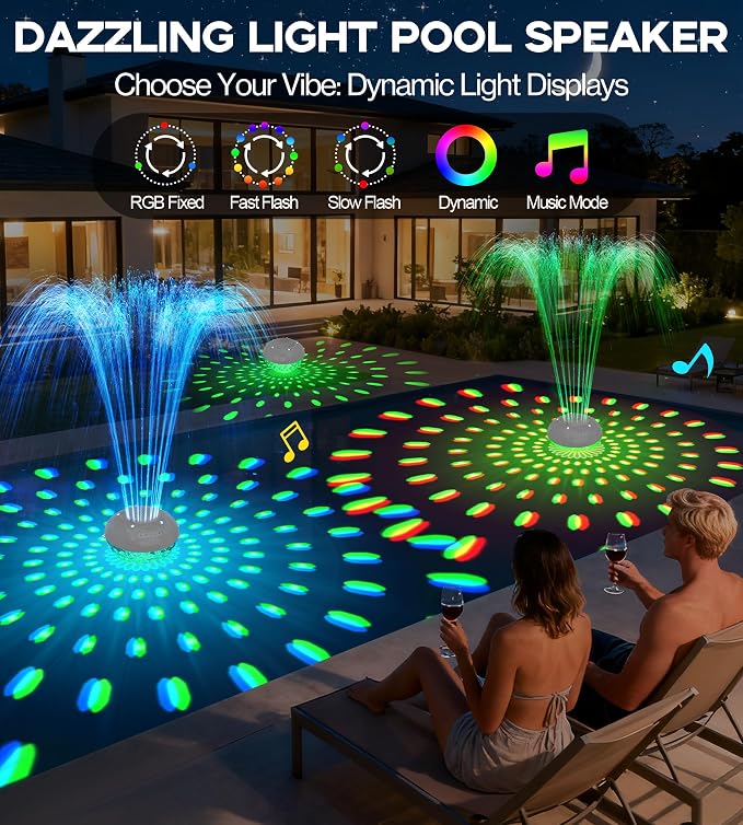 Luxfero 3 in 1 Pool Fountain with Bluetooth Pool Speaker, Floating Pool Fountain with Lights, IP68 Waterproof Hot Tub Speaker Pool Water Fountain Pump, BT5.4, Loud Sound Pool Fountain Speaker-White