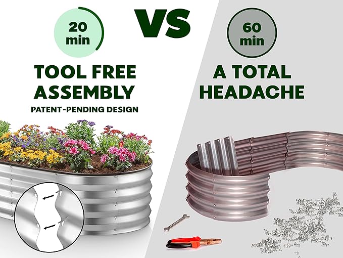 White & Silver Galvanized Metal Raised Garden Bed for Outdoor Gardening 4×2×1 ft // Easy-to-Assemble Garden Bed Kit for Vegetables and Plants // Sturdy Steel Raised Planter Box // Tool-Free Assembly
