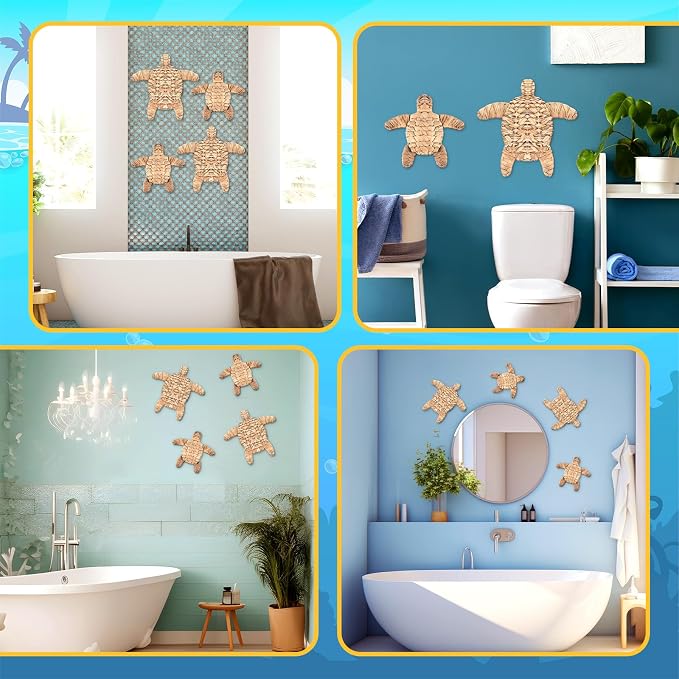 Threehoney 4 Pcs Sea Turtle Beach Theme Decor Handmade Wicker Turtle Wall Decor Sea Life Hanging Wall Art Coastal Nautical Sculpture Table Decoration for Boho Bathroom Indoor Outdoor Ornament