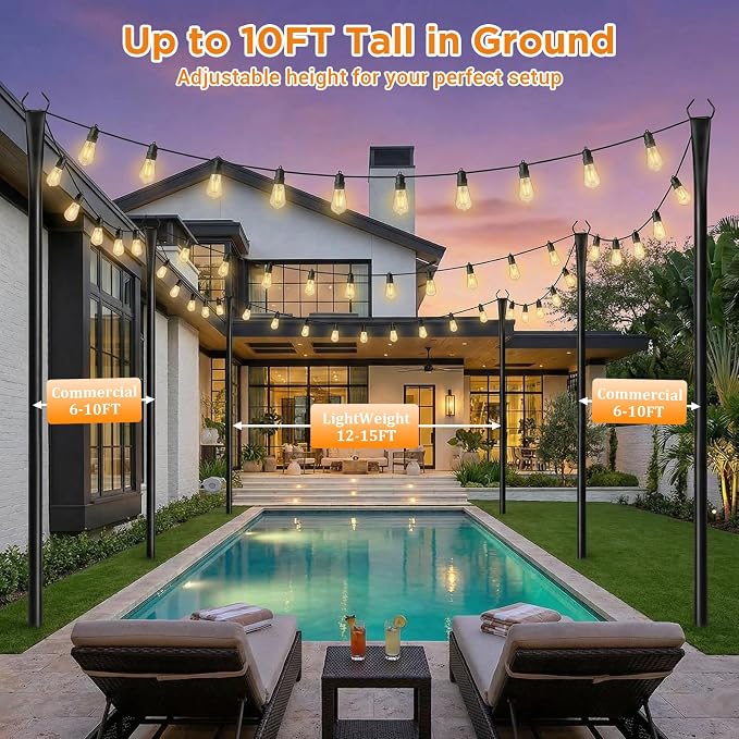 10FT String Light Poles, Heavy Duty Outdoor Light Pole Stand, 5-Prong Reinforced Steel Base, Anti-Rust, for Patio Garden Deck, Support Bistro & Edison Bulb Lights (6 Pack)
